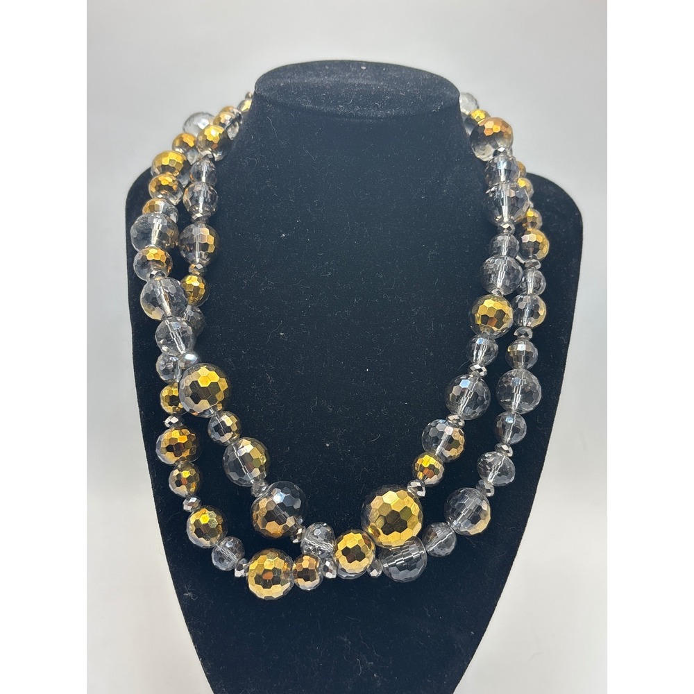 Gold and‎ Clear Faceted Glass Beaded Toggle Clasp Statement Necklace 36 Inch